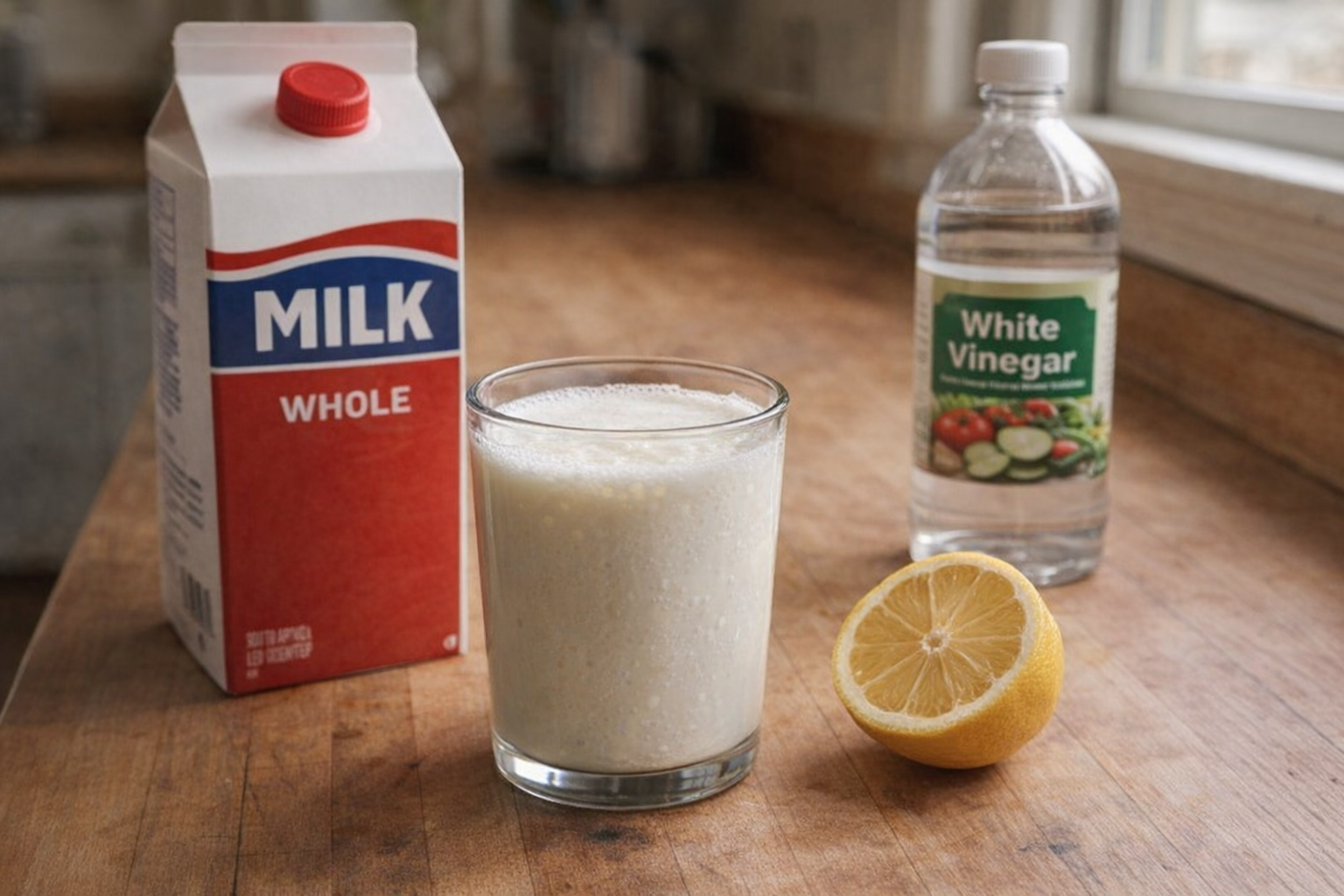 A glass of homemade buttermilk next to a carton of whole milk, with a lemon half and a bottle of white vinegar in the background, all set on a rustic wooden countertop with soft, natural lighting